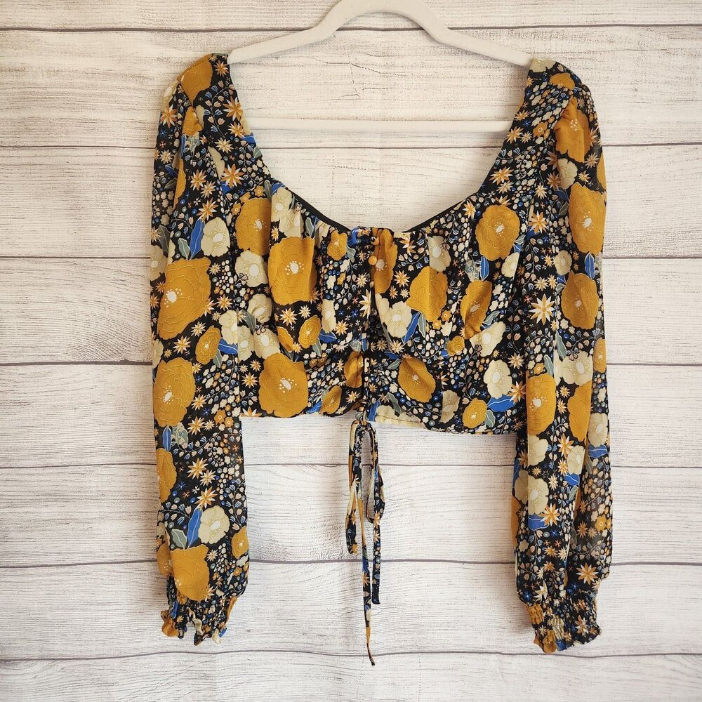 Nasty Girl M yellow floral Y2k Cottagecore balloon long sleeve crop top